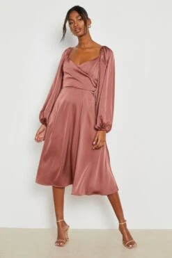 Vestito Skater Midi In Raso Con Maniche A Campana -Negozio al dettaglio Vestiti gzz14744 rose xl 2