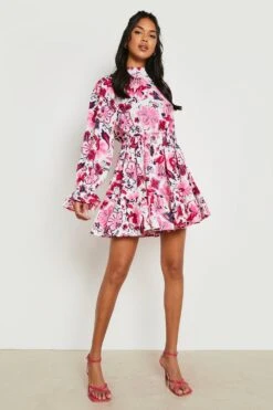 Vestito Skater A Collo Alto A Fiori Aperto Sul Retro 6 Vestito Skater A Collo Alto A Fiori Aperto Sul Retro -Negozio al dettaglio Vestiti gzz15308 pink xl 2