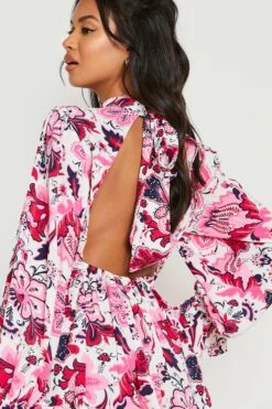 Vestito Skater A Collo Alto A Fiori Aperto Sul Retro 7 Vestito Skater A Collo Alto A Fiori Aperto Sul Retro -Negozio al dettaglio Vestiti gzz15308 pink xl 3