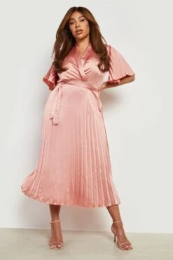 Vestito Longuette Plus Size In Raso Con Pieghe