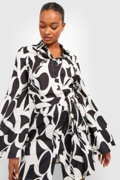 Vestito Camicia Tall Con Stampa Monocromatica E Maniche Ampie -Negozio al dettaglio Vestiti gzz15497 black xl 3