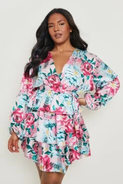 Vestito Skater Plus Size In Raso A Fiori Con Arricciature E Cintura 7 Vestito Skater Plus Size In Raso A Fiori Con Arricciature E Cintura -Negozio al dettaglio Vestiti gzz15657 blue xl 3