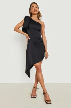 Vestito Longuette Da Cerimonia Monospalla Con Fiocco -Negozio al dettaglio Vestiti gzz15704 black xl 2