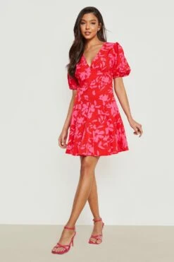 Vestito Skater In Chiffon A Fiori Con Maniche A Sbuffo -Negozio al dettaglio Vestiti gzz15717 red xl 2