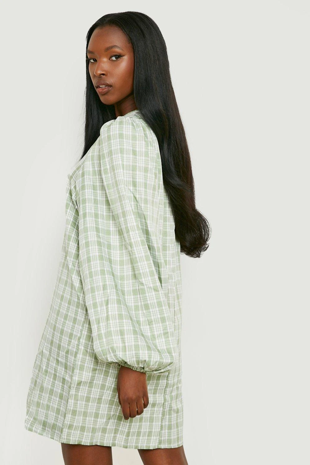 Vestito A Trapezio A Quadri Con Maniche A Sbuffo 2 Vestito A Trapezio A Quadri Con Maniche A Sbuffo - immagine 2