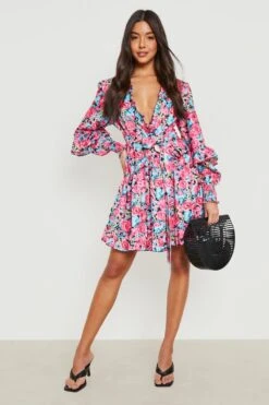 Vestito Skater Con Stampa, Laccetti E Arricciature