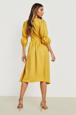 Vestito Midi Con Ruches Sulle Maniche E Bottoni -Negozio al dettaglio Vestiti gzz15741 mustard xl 1