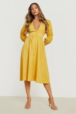 Vestito Midi Con Ruches Sulle Maniche E Bottoni -Negozio al dettaglio Vestiti gzz15741 mustard xl 2