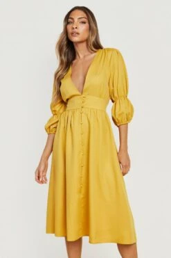 Vestito Midi Con Ruches Sulle Maniche E Bottoni -Negozio al dettaglio Vestiti gzz15741 mustard xl 3