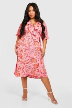 Vestito Scaldacuore Midi Plus Size A Fiori Con Arricciature 6 Vestito Scaldacuore Midi Plus Size A Fiori Con Arricciature -Negozio al dettaglio Vestiti gzz15850 pink xl 2