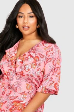 Vestito Scaldacuore Midi Plus Size A Fiori Con Arricciature 7 Vestito Scaldacuore Midi Plus Size A Fiori Con Arricciature -Negozio al dettaglio Vestiti gzz15850 pink xl 3