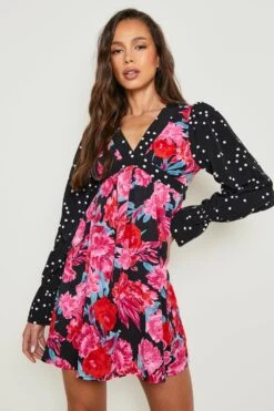 Vestito Skater Aperto Sul Retro Con Stampa Mista