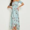 Vestito Maxi Increspato A Fiori Con Spalle Scoperte