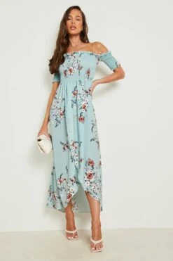 Vestito Maxi Increspato A Fiori Con Spalle Scoperte 6 Vestito Maxi Increspato A Fiori Con Spalle Scoperte -Negozio al dettaglio Vestiti gzz16170 sage xl 2