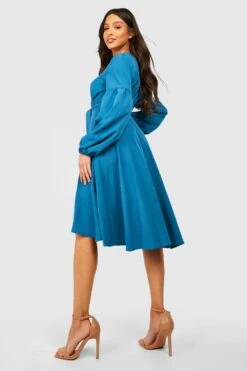 Vestito Midi Allacciato Davanti Con Ruches Sulle Maniche E Arricciature -Negozio al dettaglio Vestiti gzz16262 teal xl 1