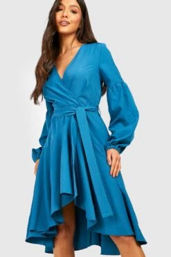 Vestito Midi Allacciato Davanti Con Ruches Sulle Maniche E Arricciature -Negozio al dettaglio Vestiti gzz16262 teal xl 2