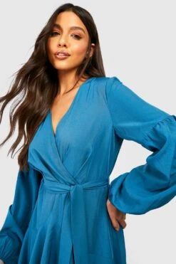 Vestito Midi Allacciato Davanti Con Ruches Sulle Maniche E Arricciature -Negozio al dettaglio Vestiti gzz16262 teal xl 3