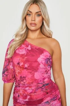 Vestito Plus Size Monospalla In Rete A Fiori -Negozio al dettaglio Vestiti gzz16826 pink xl 3