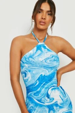 Vestito Maxi Marmorizzato Allacciato Al Collo Con Spacco Laterale -Negozio al dettaglio Vestiti gzz16933 blue xl 3