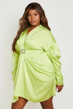 Vestito Plus Size Con Scollo Profondo, Strass E Fibbia -Negozio al dettaglio Vestiti gzz17130 chartreuse xl 2