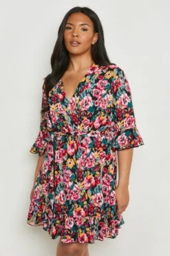 Vestito Scaldacuore Plus Size A Fiori Con Cintura 6 Vestito Scaldacuore Plus Size A Fiori Con Cintura -Negozio al dettaglio Vestiti gzz17162 black xl 2