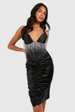 Vestito Midi A Corsetto In Raso Con Strass