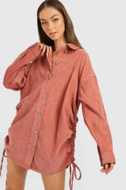 Vestito Camicia In Velluto A Coste Con Ruches Laterali