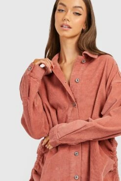 Vestito Camicia In Velluto A Coste Con Ruches Laterali -Negozio al dettaglio Vestiti gzz17379 dusky20pink xl 3