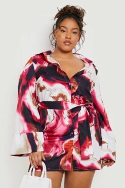 Vestito Camicia Plus Size Marmorizzato Con Maniche Svasate -Negozio al dettaglio Vestiti gzz17741 pink xl 2