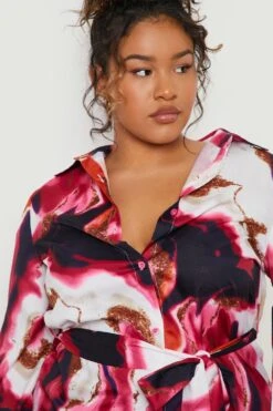Vestito Camicia Plus Size Marmorizzato Con Maniche Svasate -Negozio al dettaglio Vestiti gzz17741 pink xl 3