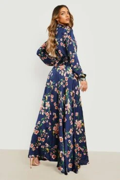 Vestito Scaldacuore Maxi In Raso A Fiori Con Arricciature -Negozio al dettaglio Vestiti gzz17768 navy xl 1