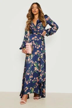 Vestito Scaldacuore Maxi In Raso A Fiori Con Arricciature -Negozio al dettaglio Vestiti gzz17768 navy xl 2