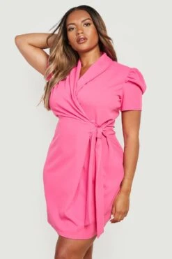 Vestito Camicia Plus Size Con Cintura E Maniche A Sbuffo -Negozio al dettaglio Vestiti gzz17883 hot20pink xl 2