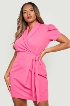 Vestito Camicia Plus Size Con Cintura E Maniche A Sbuffo -Negozio al dettaglio Vestiti gzz17883 hot20pink xl 3