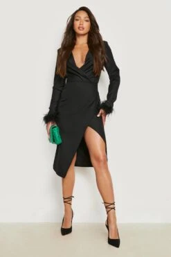 Vestito Scaldacuore Midi Tall In Raso Con Piume -Negozio al dettaglio Vestiti gzz18028 black xl 2