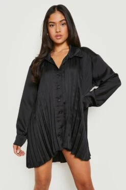 Vestito Camicia Petite Oversize In Raso A Pieghe -Negozio al dettaglio Vestiti gzz18176 black xl 2