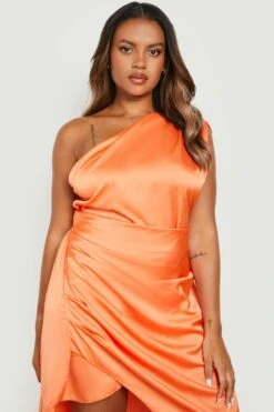 Vestito Midi Plus Size Monospalla In Raso Con Ruches -Negozio al dettaglio Vestiti gzz18482 orange xl 3