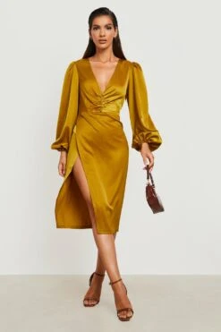 Vestito Midi In Raso Con Scollo Profondo E Ruches -Negozio al dettaglio Vestiti gzz18778 chartreuse xl 2