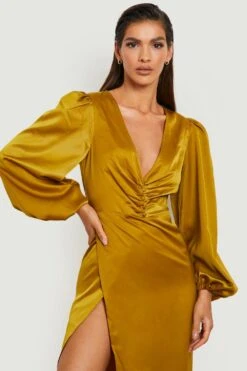 Vestito Midi In Raso Con Scollo Profondo E Ruches -Negozio al dettaglio Vestiti gzz18778 chartreuse xl 3