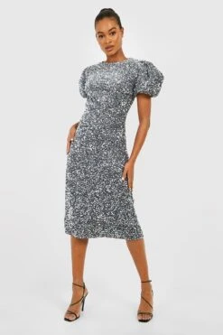 Vestito Midi Tall In Velluto Con Paillettes E Maniche A Sbuffo -Negozio al dettaglio Vestiti gzz18849 grey xl 2