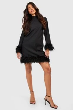 Vestito Tall A Collo Alto Con Polsini E Piume Sul Fondo -Negozio al dettaglio Vestiti gzz18858 black xl 2