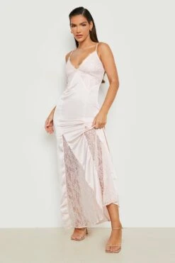 Vestito Maxi In Raso Misto A Pizzo Con Gonna Godet