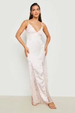 Vestito Maxi In Raso Misto A Pizzo Con Gonna Godet -Negozio al dettaglio Vestiti gzz18990 champagne xl 2