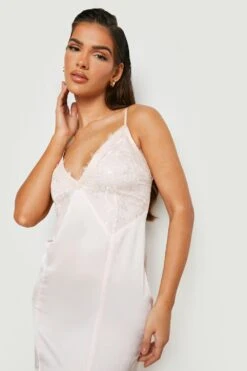 Vestito Maxi In Raso Misto A Pizzo Con Gonna Godet -Negozio al dettaglio Vestiti gzz18990 champagne xl 3