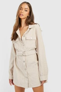 Vestito Camicia In Velluto A Coste Con Tasche E Cintura