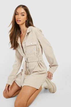 Vestito Camicia In Velluto A Coste Con Tasche E Cintura -Negozio al dettaglio Vestiti gzz19137 ecru xl 3