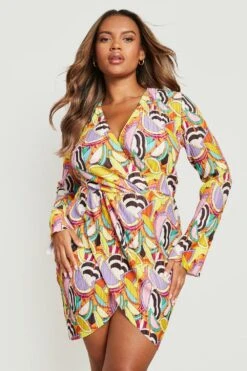 Vestito Scaldacuore Plus Size Premium Plissettato Con Stampa Astratta