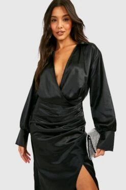 Vestito Camicia Maxi A Incrocio In Raso -Negozio al dettaglio Vestiti gzz19494 black xl 2