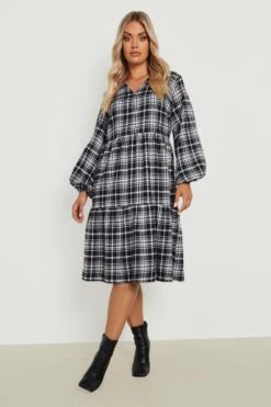 Vestito Midi Plus Size A Quadri Con Balze