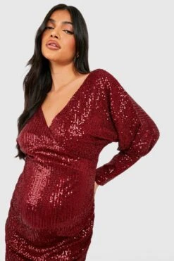 Vestito Midi Premaman Con Paillettes, Maniche Ad Ala Di Pipistrello E Ruches -Negozio al dettaglio Vestiti gzz19750 wine xl 3